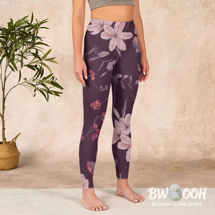 BWOOOH lotus print yoga leggings - Purple White Flowers Leaves Blossom Prin