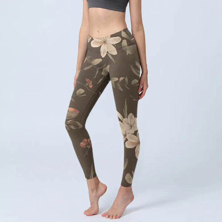 BWOOOH lotus print yoga leggings - Purple White Flowers Leaves Blossom Prin