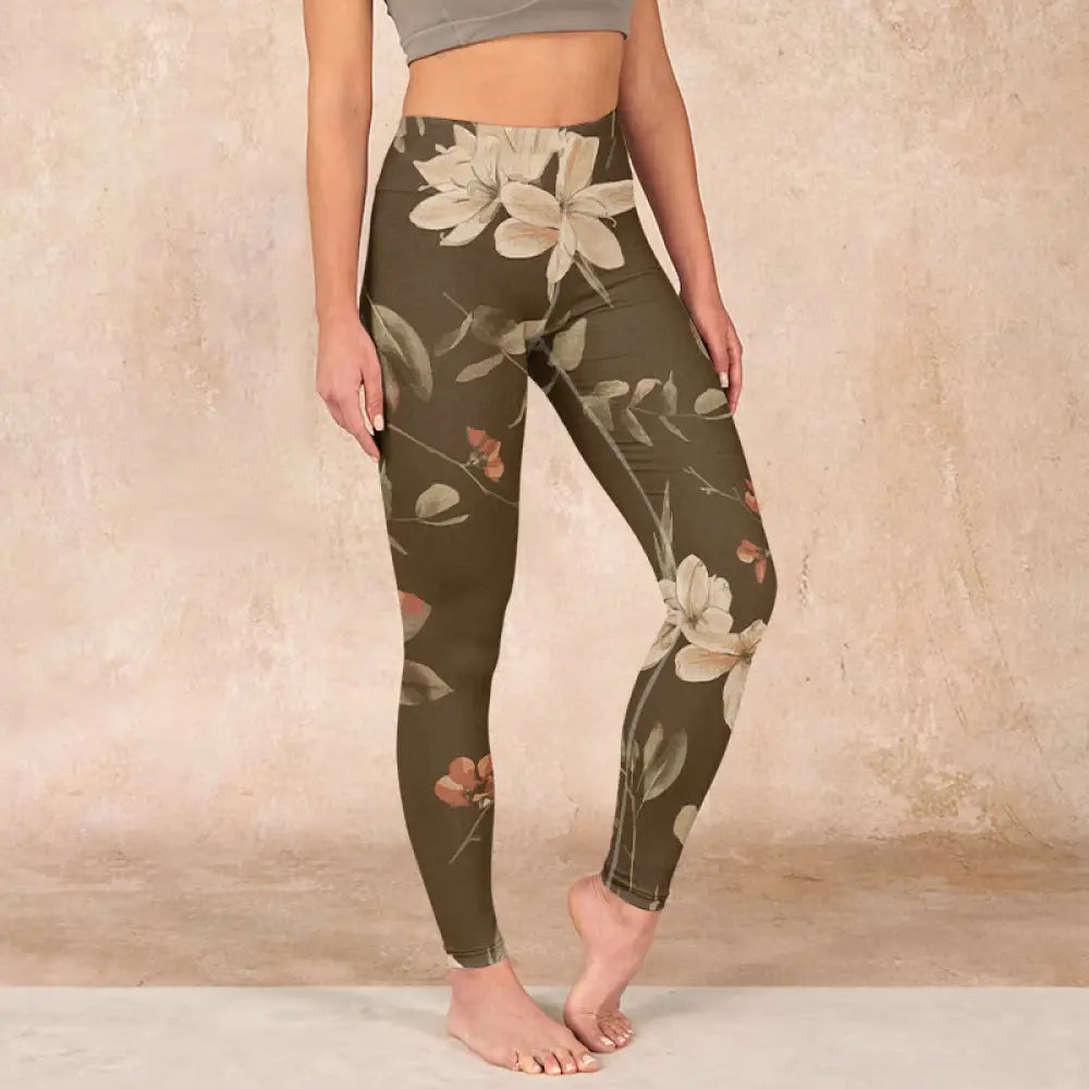 BWOOOH lotus print yoga leggings - Purple White Flowers Leaves Blossom Prin