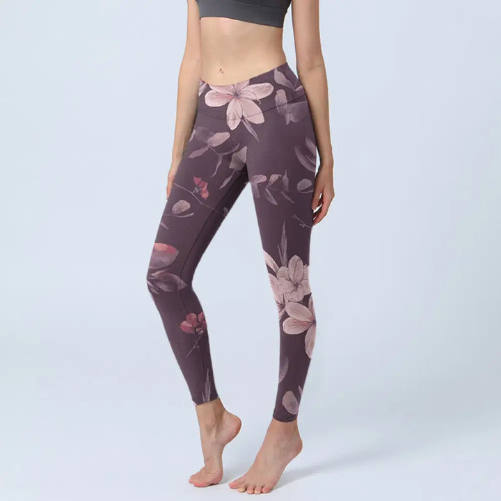 BWOOOH lotus print yoga leggings - Purple White Flowers Leaves Blossom Prin