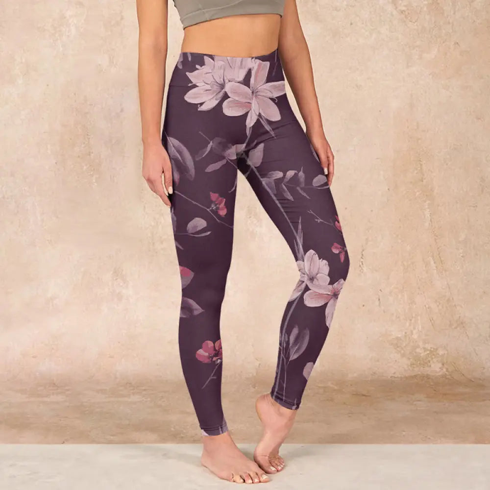 BWOOOH lotus print yoga leggings - Purple White Flowers Leaves Blossom Prin
