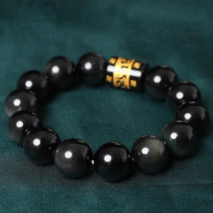 Buddha Stones Rainbow Obsidian Om Mani Padme Hum Swastika Positive Bracelet - BWOOOH - 14mm(Wrist Circumference