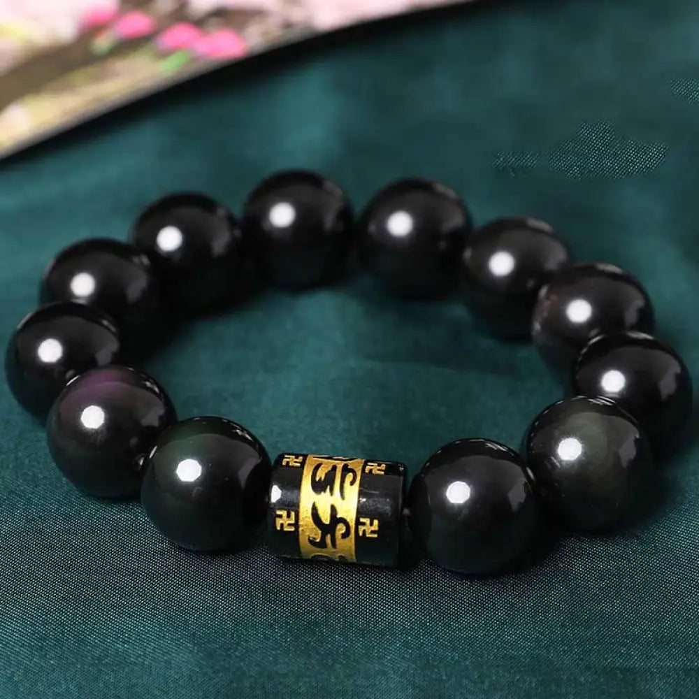 BWOOOH Rainbow Obsidian Om Mani Padme Hum Swastika Positive Bracelet - BWOOOH - 16mm(Wrist Circumference