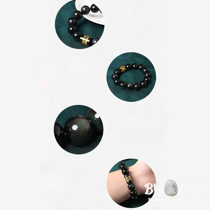 Buddha Stones Rainbow Obsidian Om Mani Padme Hum Swastika Positive Bracelet - BWOOOH - Bracelet