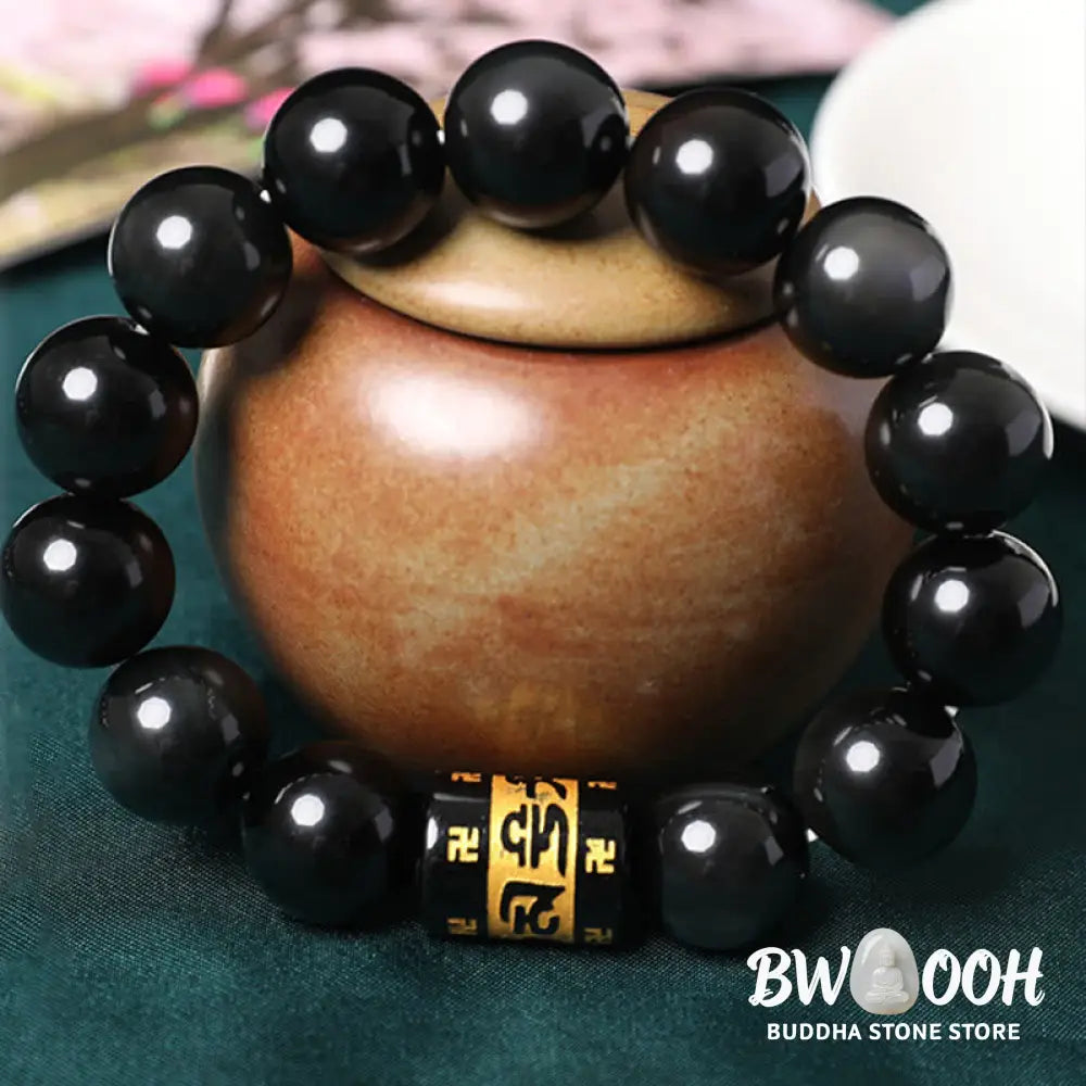 Buddha Stones Rainbow Obsidian Om Mani Padme Hum Swastika Positive Bracelet - BWOOOH - Bracelet