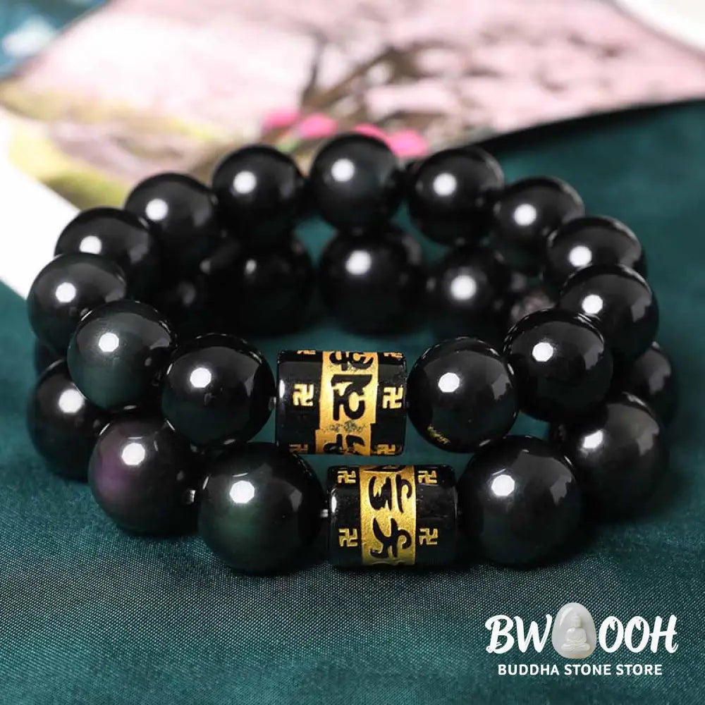 Buddha Stones Rainbow Obsidian Om Mani Padme Hum Swastika Positive Bracelet - BWOOOH - Bracelet