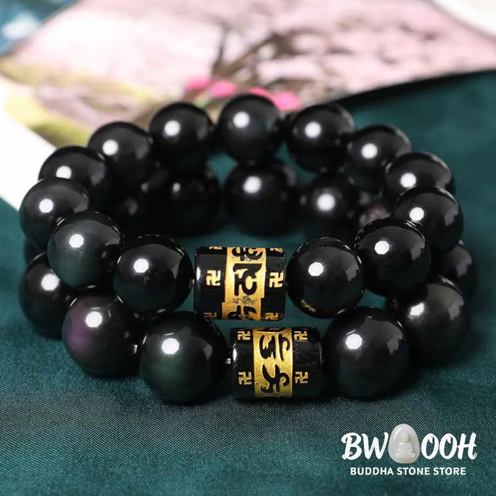 Buddha Stones Rainbow Obsidian Om Mani Padme Hum Swastika Positive Bracelet - BWOOOH - Bracelet