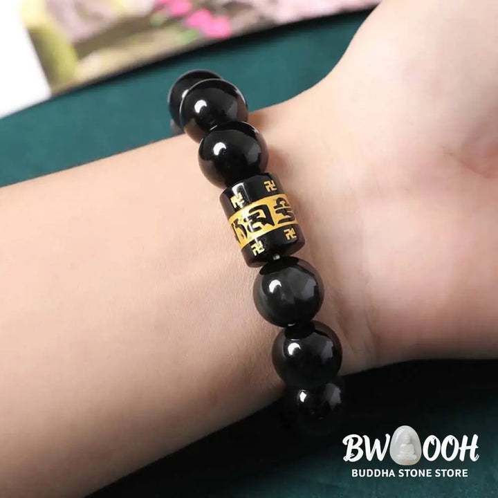 Buddha Stones Rainbow Obsidian Om Mani Padme Hum Swastika Positive Bracelet - BWOOOH - Bracelet