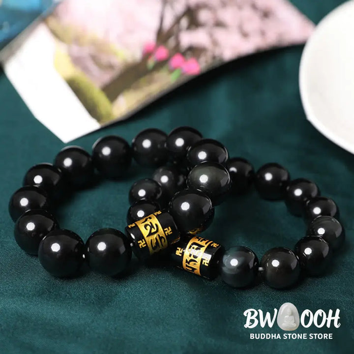Buddha Stones Rainbow Obsidian Om Mani Padme Hum Swastika Positive Bracelet - BWOOOH - Bracelet