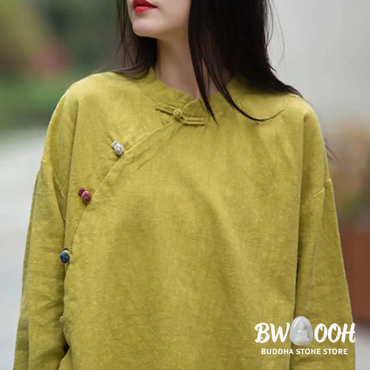 Buddha Stones Ramie Linen Blouse Women Shirt Top Chinese Hanfu Style Clothing - Long Sleeve Shirt