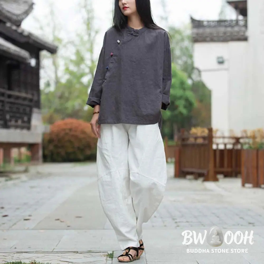 Buddha Stones Ramie Linen Blouse Women Shirt Top Chinese Hanfu Style Clothing - Long Sleeve Shirt