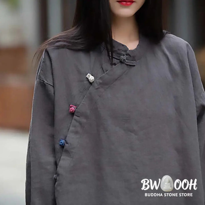 Buddha Stones Ramie Linen Blouse Women Shirt Top Chinese Hanfu Style Clothing - Long Sleeve Shirt