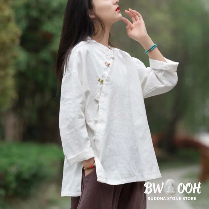 Buddha Stones Ramie Linen Blouse Women Shirt Top Chinese Hanfu Style Clothing - Long Sleeve Shirt