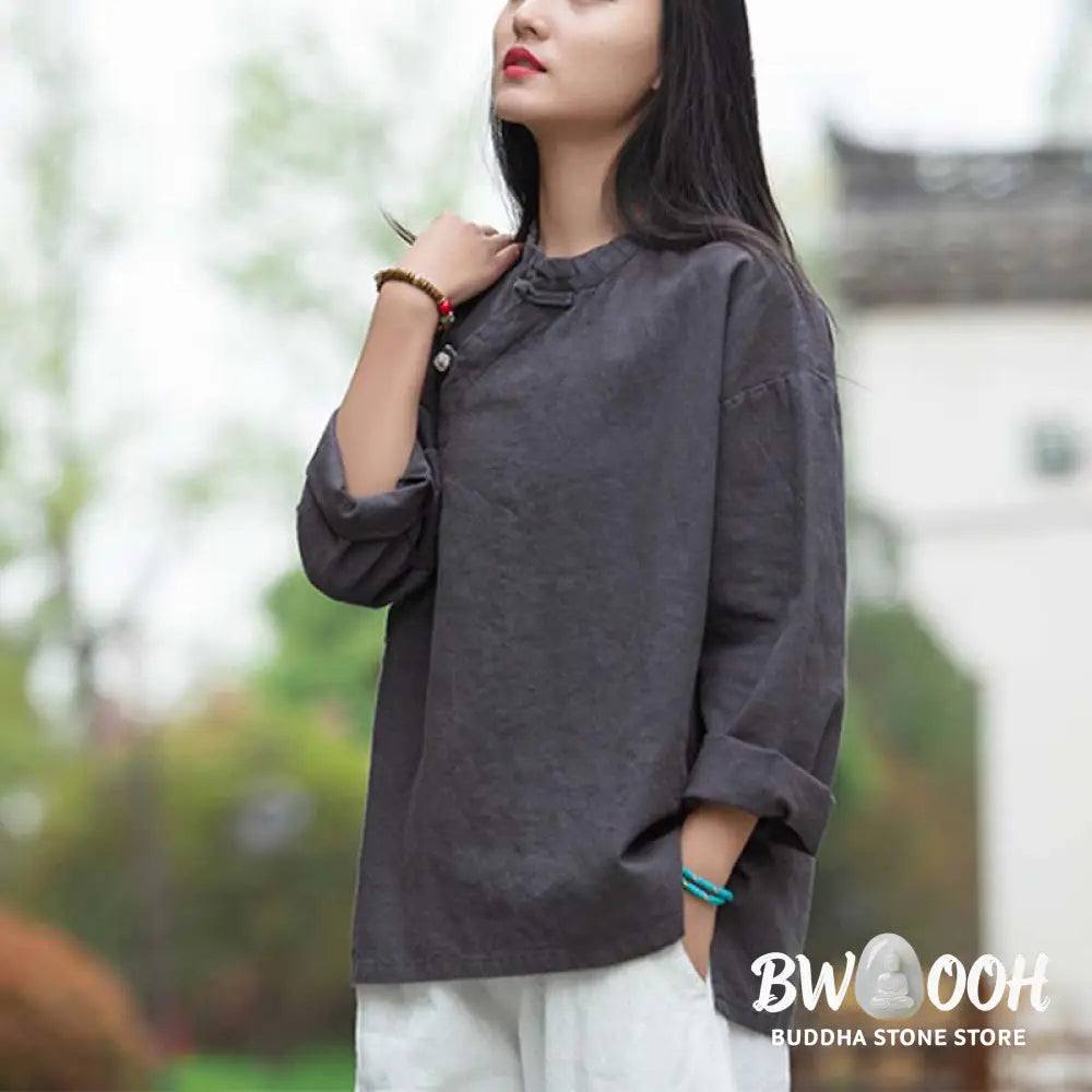 Buddha Stones Ramie Linen Blouse Women Shirt Top Chinese Hanfu Style Clothing - Long Sleeve Shirt