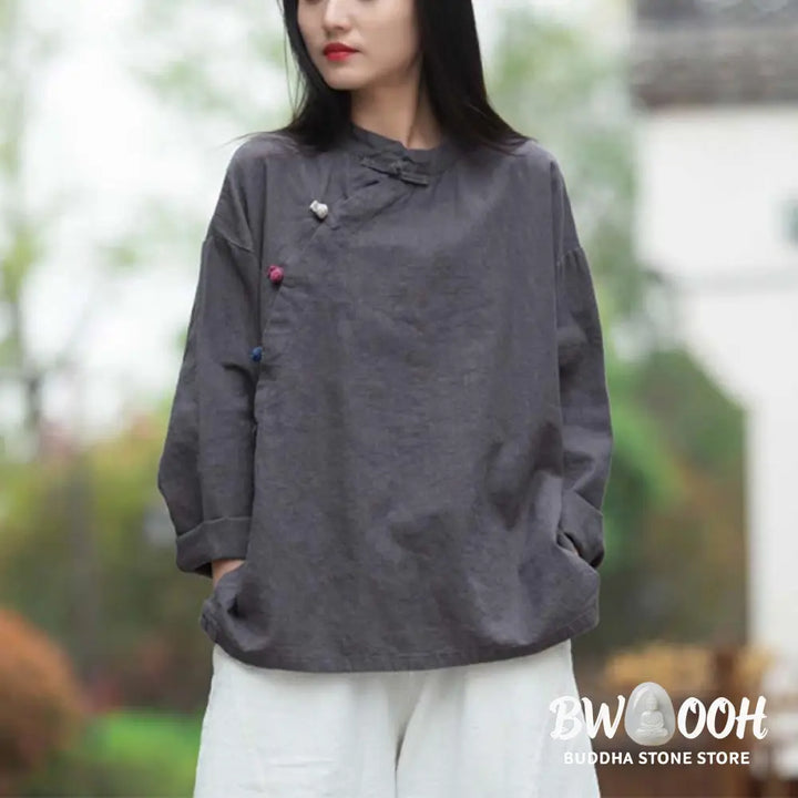 Buddha Stones Ramie Linen Blouse Women Shirt Top Chinese Hanfu Style Clothing - Long Sleeve Shirt