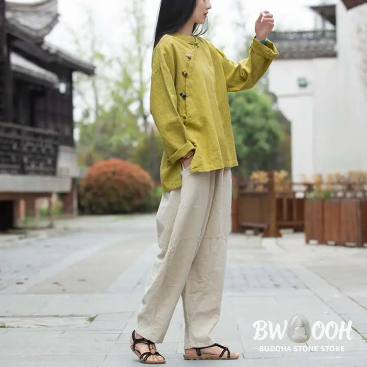 Buddha Stones Ramie Linen Blouse Women Shirt Top Chinese Hanfu Style Clothing - Long Sleeve Shirt