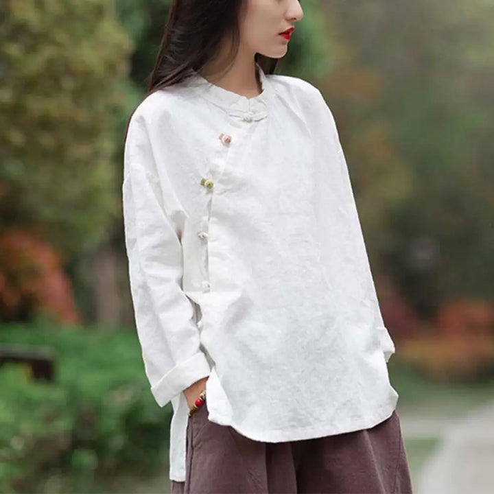Buddha Stones Ramie Linen Blouse Women Shirt Top Chinese Hanfu Style Clothing - White(Bust 120cm)(Top Only) - Long