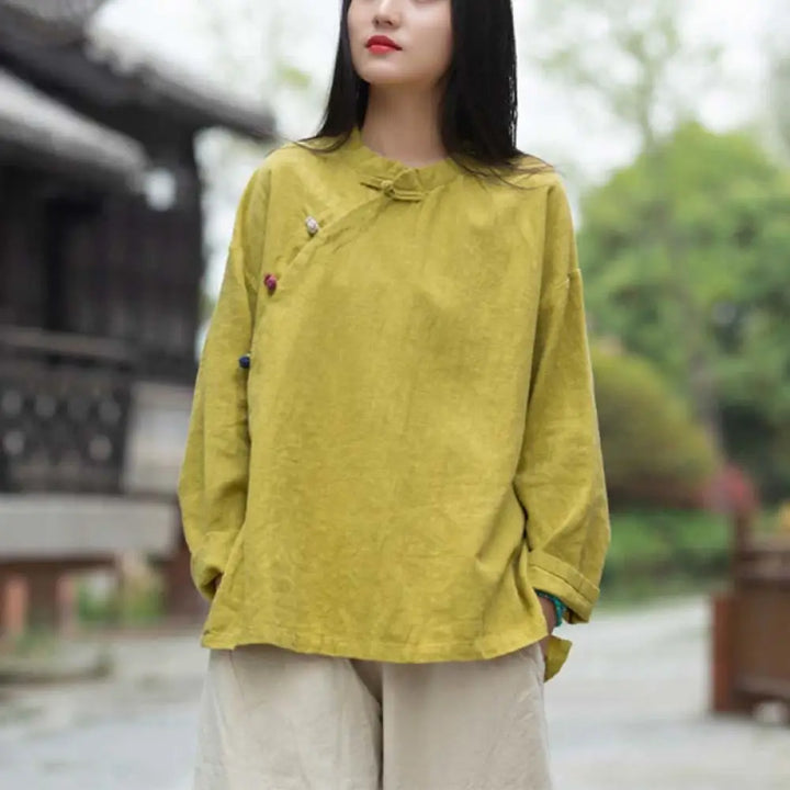 Buddha Stones Ramie Linen Blouse Women Shirt Top Chinese Hanfu Style Clothing - Yellow(Bust 120cm)(Top Only) - Long