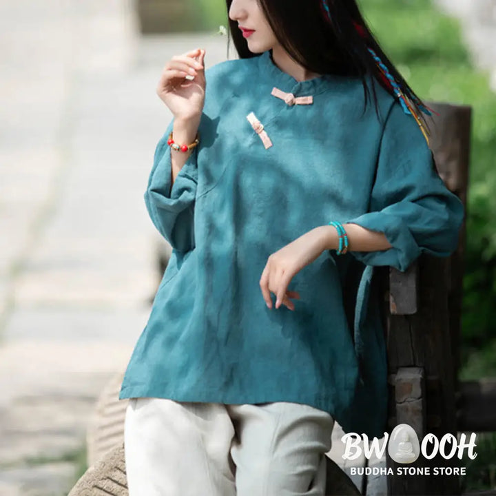 Buddha Stones Ramie Linen Loose Blouse Women Long Sleeve Shirt Chinese Hanfu Top - Long Sleeve Shirt