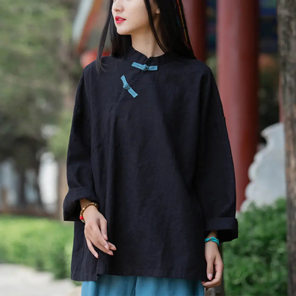 Buddha Stones Ramie Linen Loose Blouse Women Long Sleeve Shirt Chinese Hanfu Top - Black(Bust 132cm)(Top Only) - Long