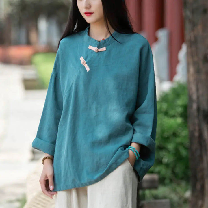 Buddha Stones Ramie Linen Loose Blouse Women Long Sleeve Shirt Chinese Hanfu Top - Cyan(Bust 132cm)(Top Only) - Long