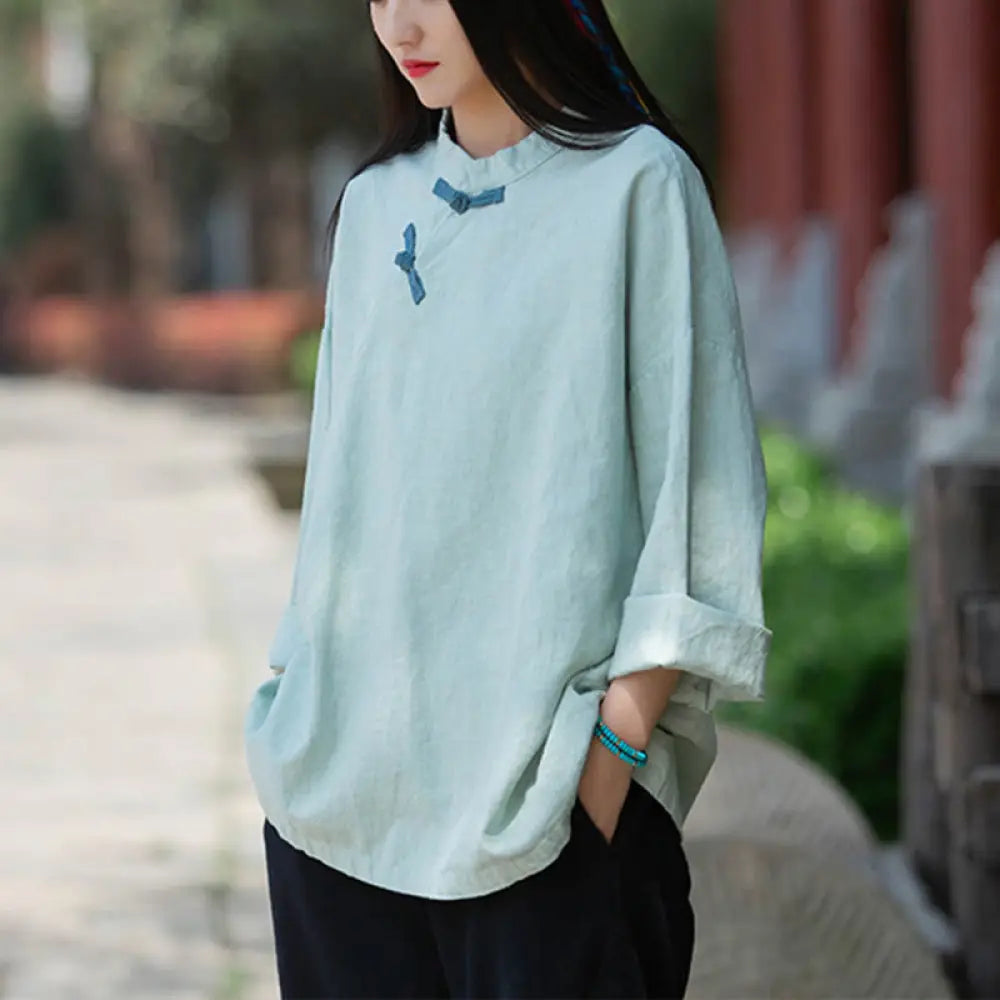 BWOOOH Ramie Linen Loose Blouse Women Long Sleeve Shirt C