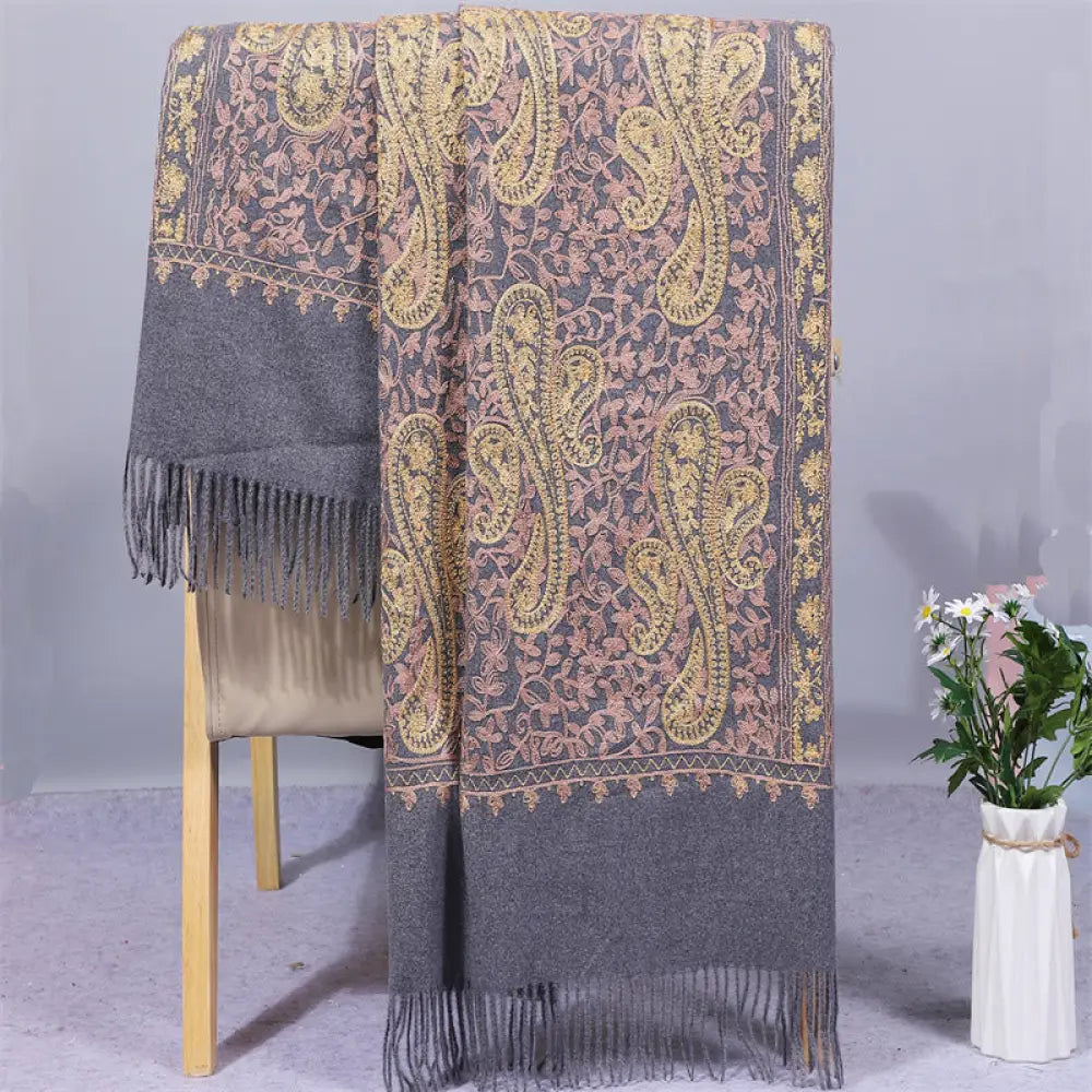 Buddha Stones Rayon Fabric Shawl Golden Cashew Flowers Embroidery Tassel Winter Cozy Travel Scarf Wrap - DarkGray