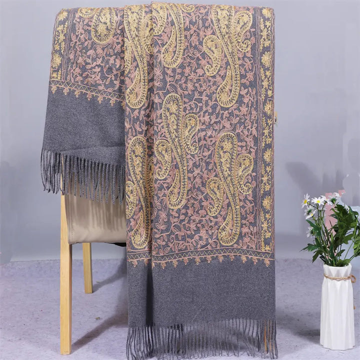 Buddha Stones Rayon Fabric Shawl Golden Cashew Flowers Embroidery Tassel Winter Cozy Travel Scarf Wrap - DarkGray