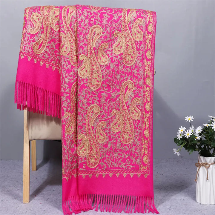 Buddha Stones Rayon Fabric Shawl Golden Cashew Flowers Embroidery Tassel Winter Cozy Travel Scarf Wrap - DeepPink