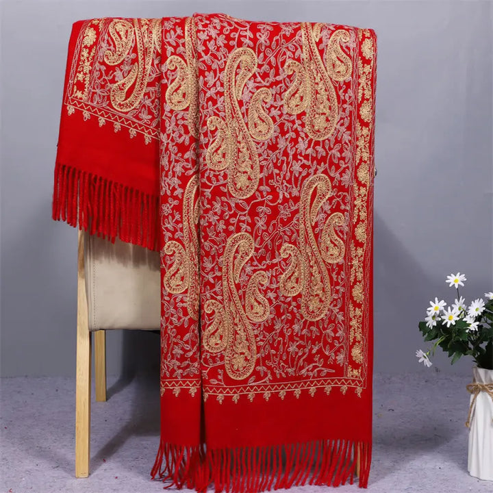 Buddha Stones Rayon Fabric Shawl Golden Cashew Flowers Embroidery Tassel Winter Cozy Travel Scarf Wrap - FireBrick