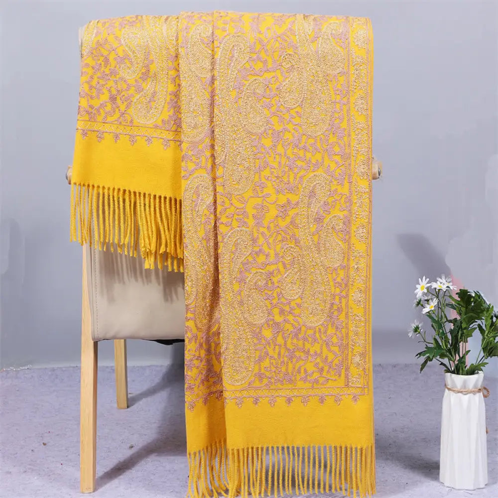 Buddha Stones Rayon Fabric Shawl Golden Cashew Flowers Embroidery Tassel Winter Cozy Travel Scarf Wrap - Gold