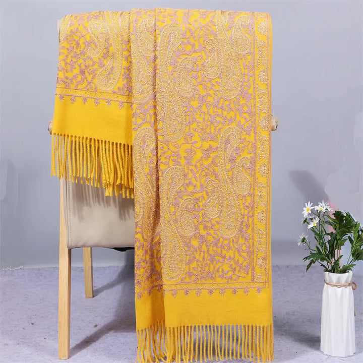 Buddha Stones Rayon Fabric Shawl Golden Cashew Flowers Embroidery Tassel Winter Cozy Travel Scarf Wrap - Gold