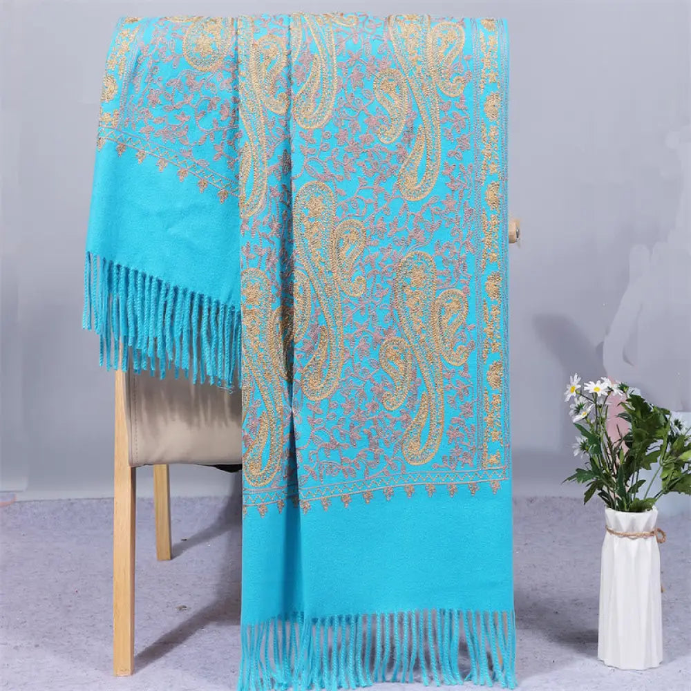 Buddha Stones Rayon Fabric Shawl Golden Cashew Flowers Embroidery Tassel Winter Cozy Travel Scarf Wrap - LightSkyBlue
