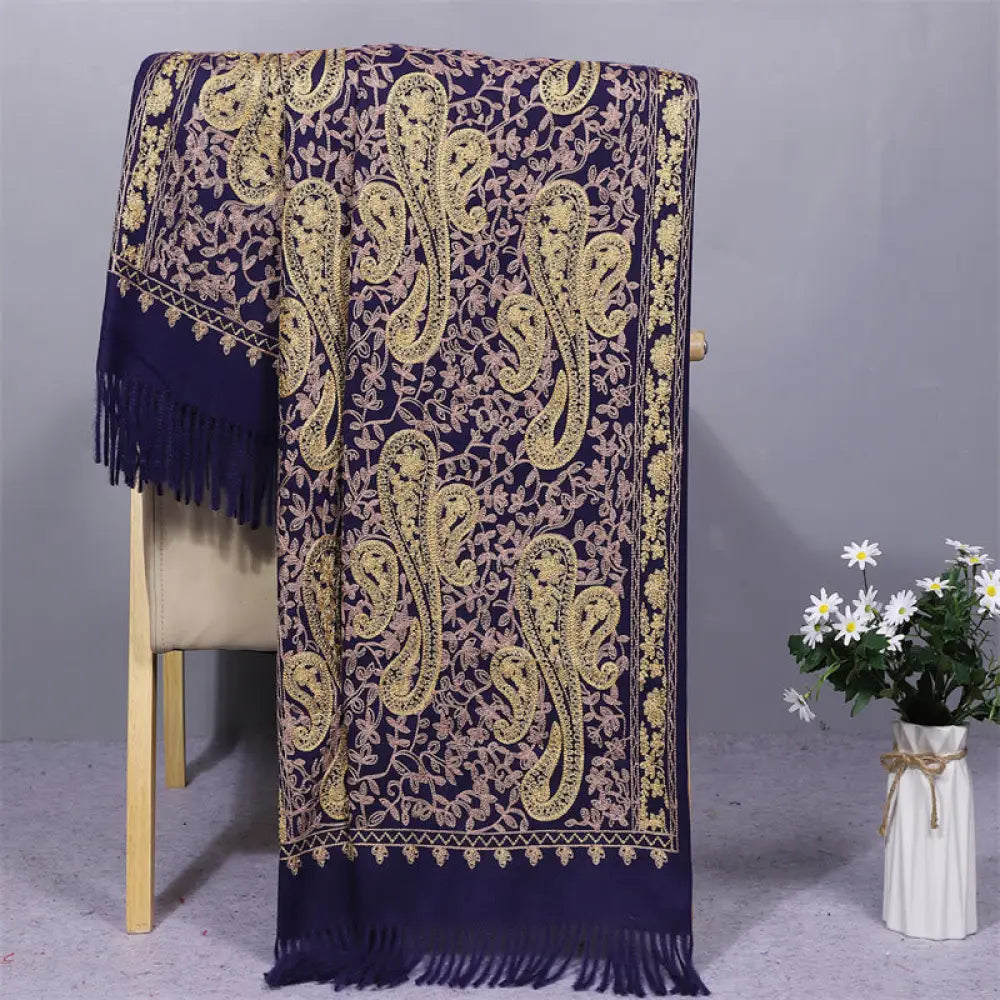 Buddha Stones Rayon Fabric Shawl Golden Cashew Flowers Embroidery Tassel Winter Cozy Travel Scarf Wrap - MidnightBlue