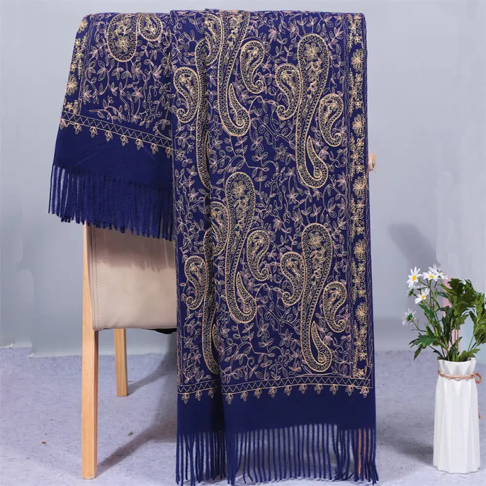 Buddha Stones Rayon Fabric Shawl Golden Cashew Flowers Embroidery Tassel Winter Cozy Travel Scarf Wrap - Navy