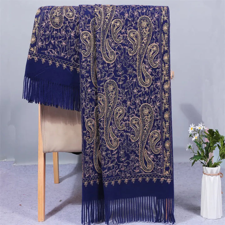 Buddha Stones Rayon Fabric Shawl Golden Cashew Flowers Embroidery Tassel Winter Cozy Travel Scarf Wrap - Navy