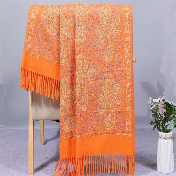 Buddha Stones Rayon Fabric Shawl Golden Cashew Flowers Embroidery Tassel Winter Cozy Travel Scarf Wrap - Orange