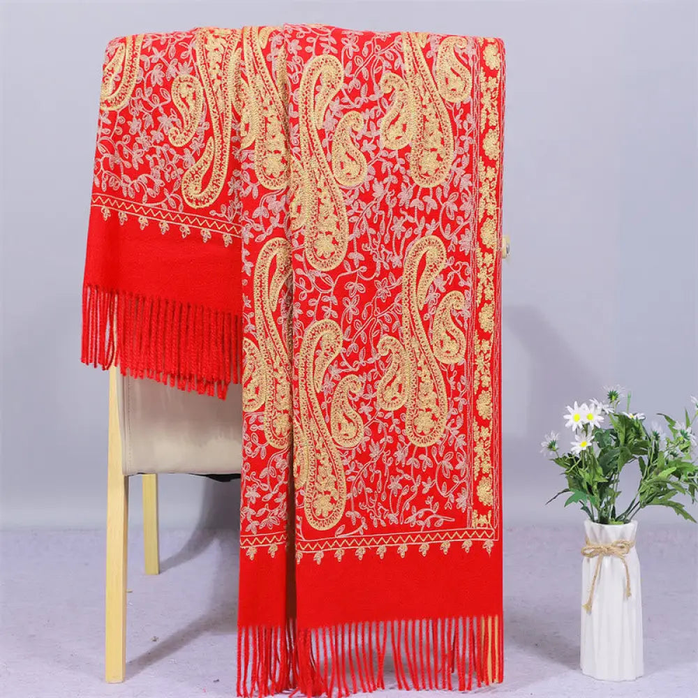 Buddha Stones Rayon Fabric Shawl Golden Cashew Flowers Embroidery Tassel Winter Cozy Travel Scarf Wrap - OrangeRed