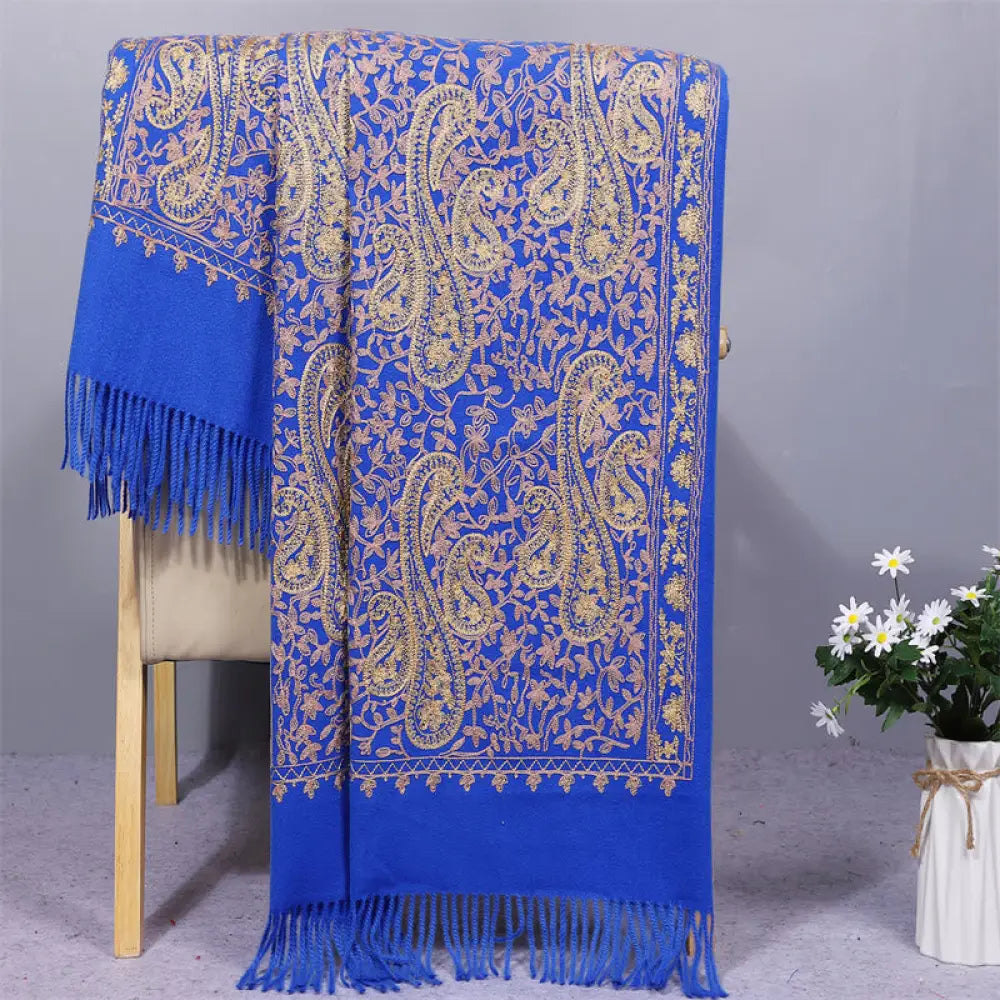 Buddha Stones Rayon Fabric Shawl Golden Cashew Flowers Embroidery Tassel Winter Cozy Travel Scarf Wrap - RoyalBlue