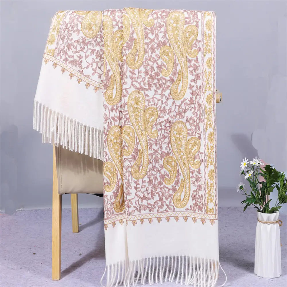 Buddha Stones Rayon Fabric Shawl Golden Cashew Flowers Embroidery Tassel Winter Cozy Travel Scarf Wrap - White