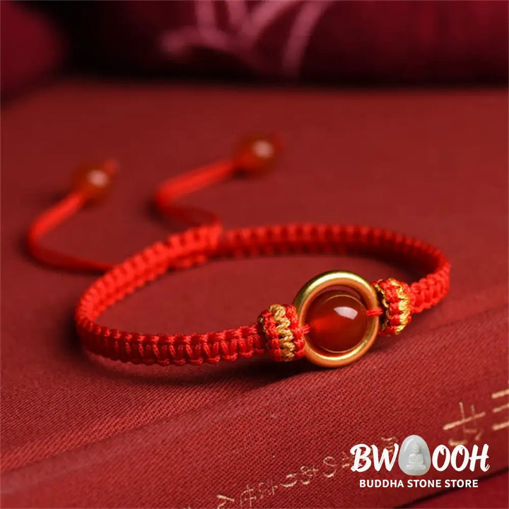 Buddha Stones Red Agate Bead Peace Buckle Calm Rope Bracelet - BWOOOH - Bracelet