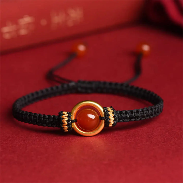 Buddha Stones Red Agate Bead Peace Buckle Calm Rope Bracelet - BWOOOH - Black Rope(Wrist Circumference 14-18cm)
