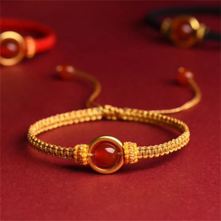 Buddha Stones Red Agate Bead Peace Buckle Calm Rope Bracelet - BWOOOH - Golden Rope(Wrist Circumference 14-18cm)