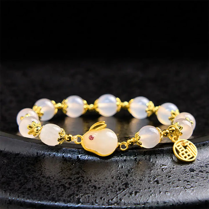 Buddha Stones Red Agate Chalcedony Rabbit Fu Character Confidence Bracelet - BWOOOH - Chalcedony(Wrist Circumference