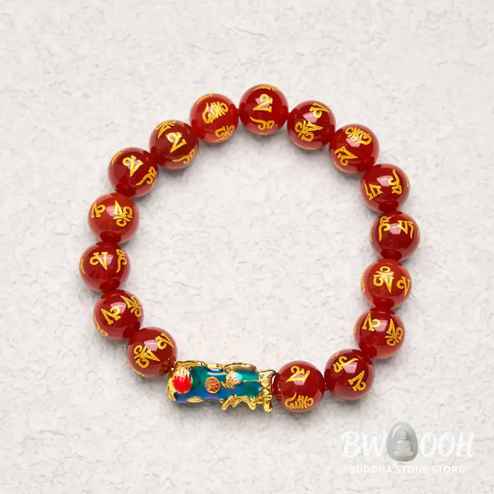 Buddha Stones Red Agate Color Change PiXiu Om Mani Padme Hum Calm Bracelet - BWOOOH - Red Agate(Wrist Circumference