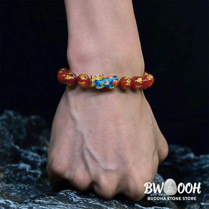 Buddha Stones Red Agate Color Change PiXiu Om Mani Padme Hum Calm Bracelet - BWOOOH - Red Agate(Wrist Circumference