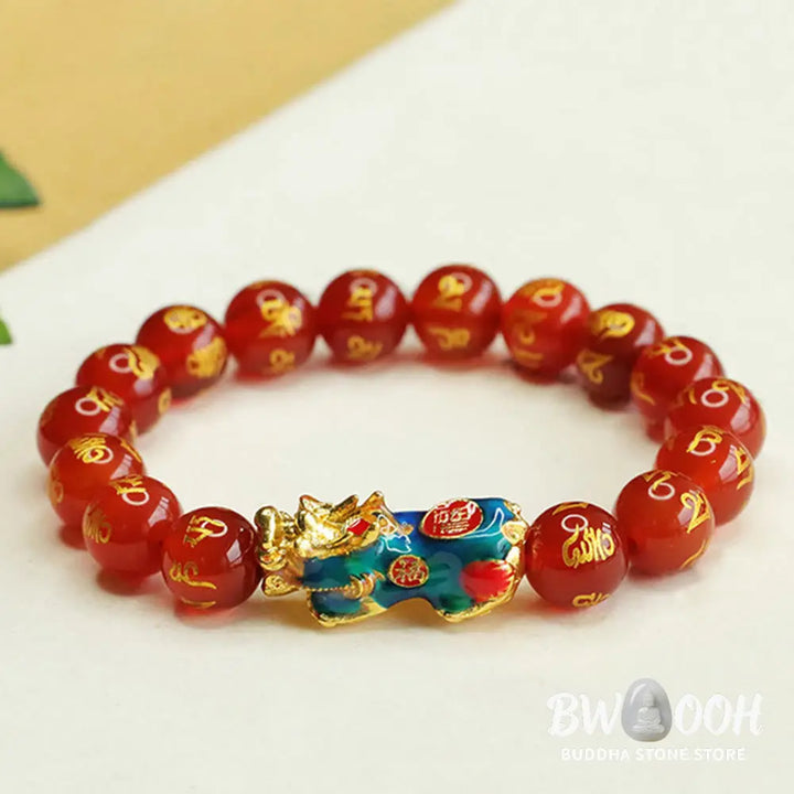 Buddha Stones Red Agate Color Change PiXiu Om Mani Padme Hum Calm Bracelet - BWOOOH - Red Agate(Wrist Circumference