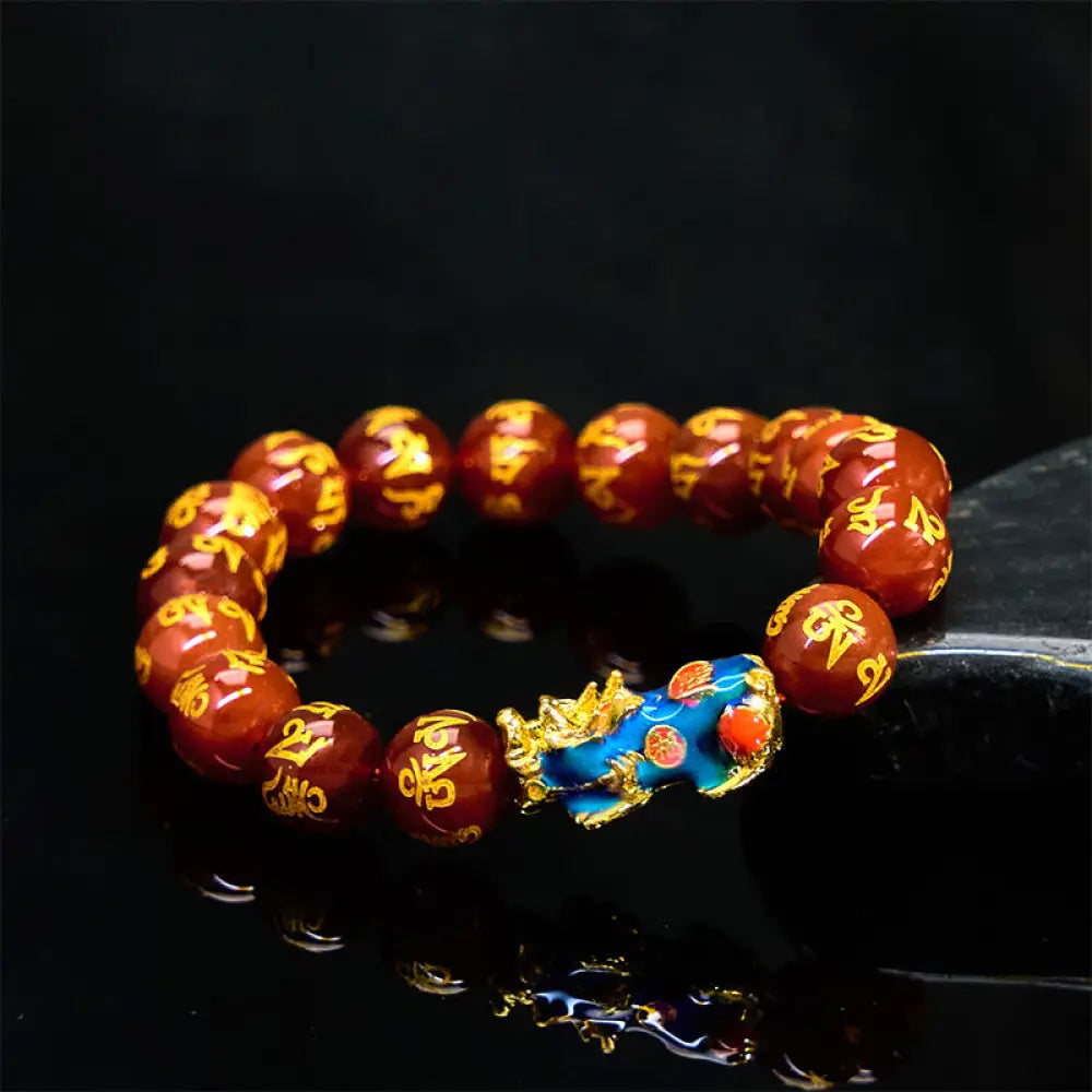 BWOOOH Red Agate Color Change PiXiu Om Mani Padme Hum Calm Bracelet — Red Agate feng shui bracelet for spiritual healing a...