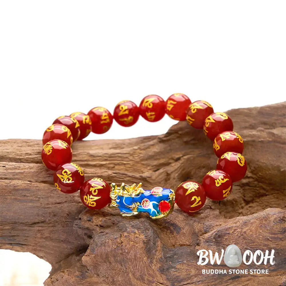 Buddha Stones Red Agate Color Change PiXiu Om Mani Padme Hum Calm Bracelet - BWOOOH - Red Agate(Wrist Circumference