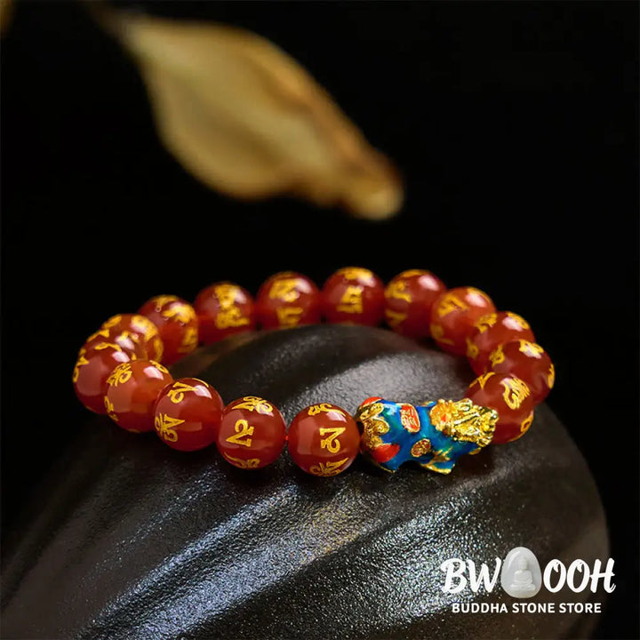Buddha Stones Red Agate Color Change PiXiu Om Mani Padme Hum Calm Bracelet - BWOOOH - Red Agate(Wrist Circumference